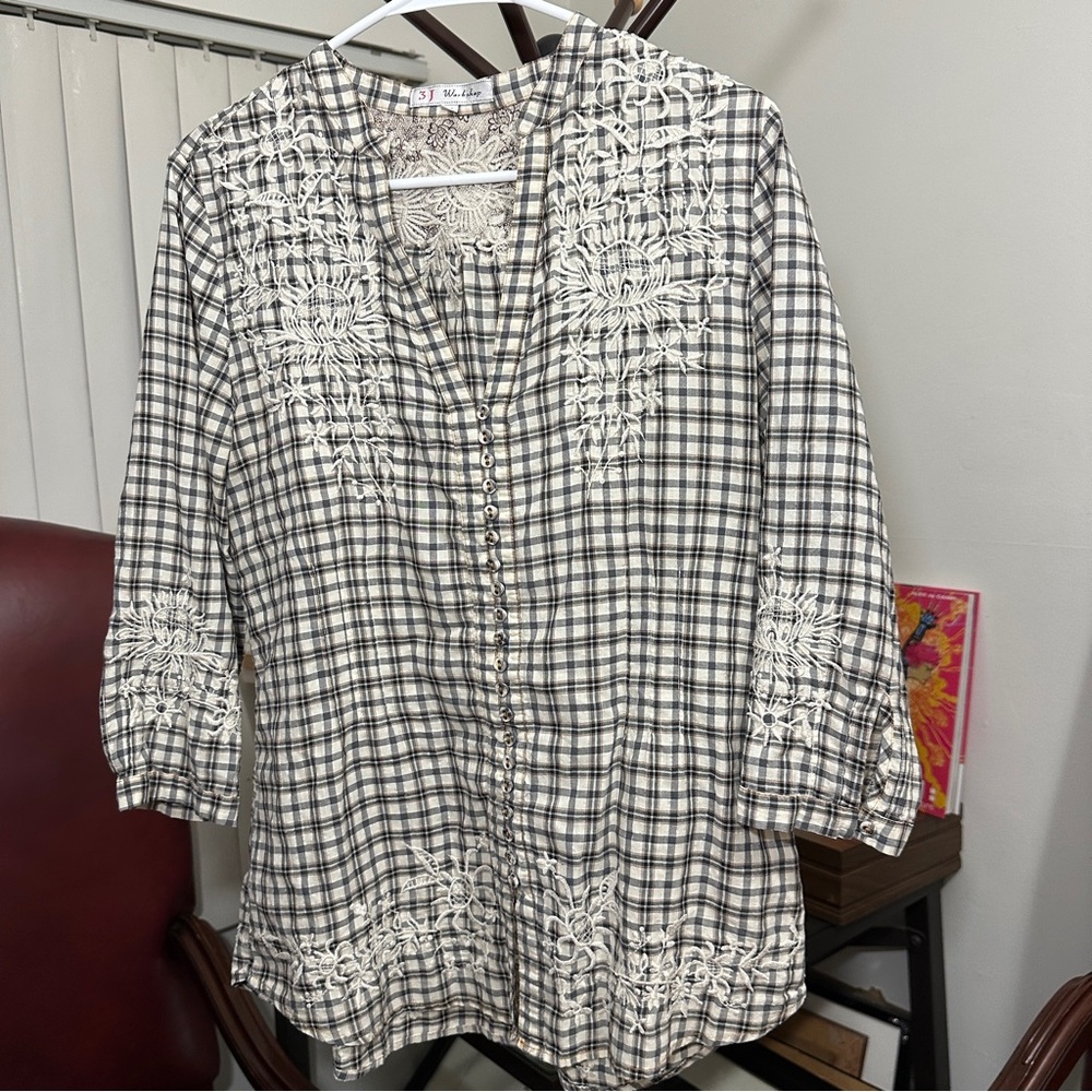 3J Workshop by Johnny Was Embroidered Plaid Tunic Top Boho Peasant Blouse M